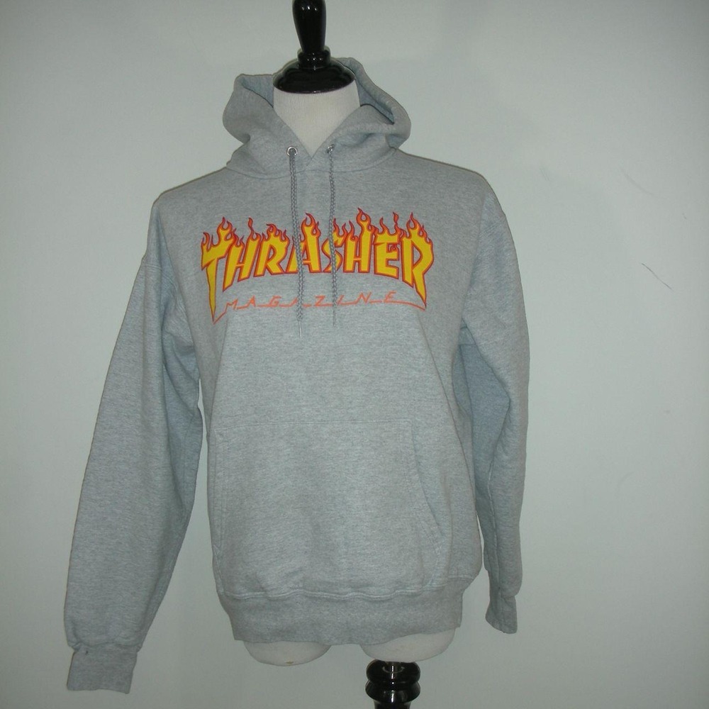 Thrasher Magazine Flame Logo Gray Hoodie Skate Y2K Streetwear Pullover S